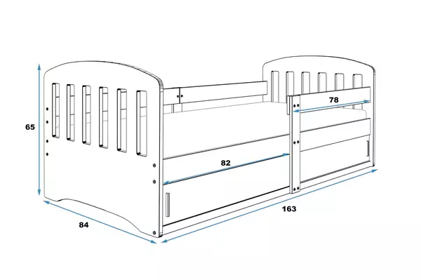 Storlek på Barnsäng enkel CLASSIC 80X160 med madrass och förvaring, grafit Storlek på Barnsäng enkel CLASSIC 80X160 med madrass och förvaring, grafit