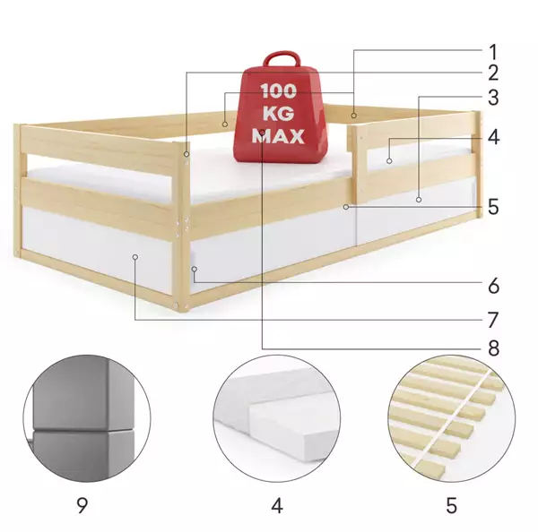 Beståndsdelar för Barnsäng enkel HUGO 80x160 med förvaring, furu Beståndsdelar för Barnsäng enkel HUGO 80x160 med förvaring, furu