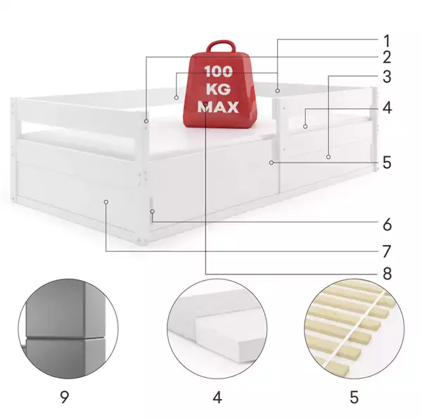 Beståndsdelar för Barnsäng enkel HUGO 80X160 med förvaring, vit