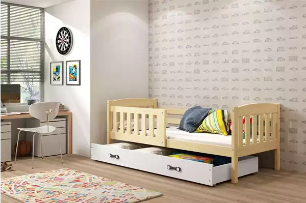 Visualisering av Barnsäng enkel KUBUŚ 80x160 med madrass och låda, furu/vit Visualisering av Barnsäng enkel KUBUŚ 80x160 med madrass och låda, furu/vit