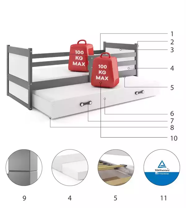 Beståndsdelar för Bäddsoffa för ungdom RICO 90X190 med madrass och låda, grafit/vit Beståndsdelar för Bäddsoffa för ungdom RICO 90X190 med madrass och låda, grafit/vit
