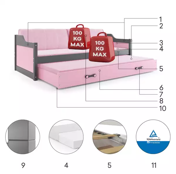 Beståndsdelar för DAVID utdragbar ungdomssäng 90X200 med madrass och låda, grafit/rosa