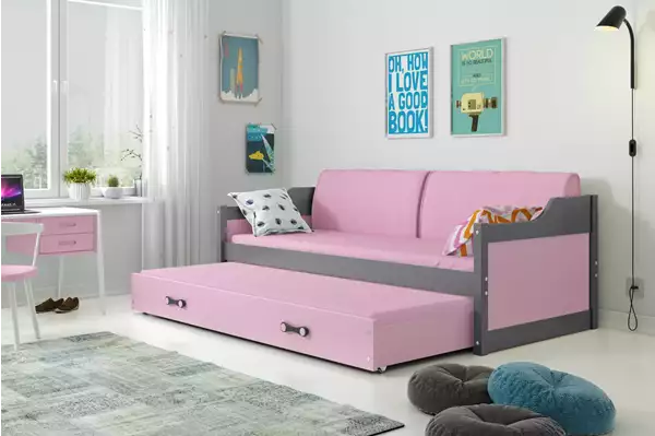 Visualisering av DAVID utdragbar ungdomssäng 90X200 med madrass och låda, grafit/rosa