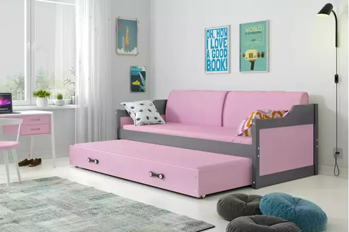 Visualisering av DAVID utdragbar ungdomssäng 90X200 med madrass och låda, grafit/rosa