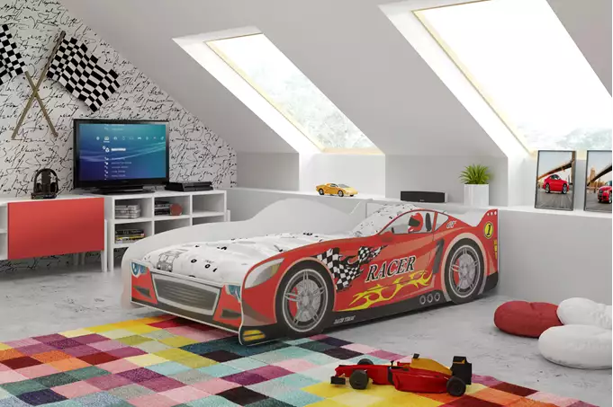Enkel barnsäng Cars 80X160 med madrass, röd | Interbeds Wizualizacja