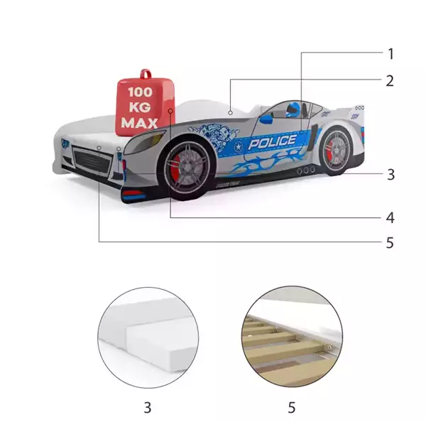 Enkel barnsäng Cars 80X160 med madrass, silver Czesci Skladowe