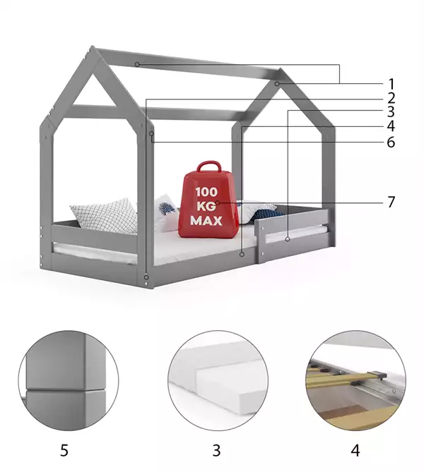 Beståndsdelar för Enkel barnsäng DOMEK 1 80X160, grafit Beståndsdelar för Enkel barnsäng DOMEK 1 80X160, grafit