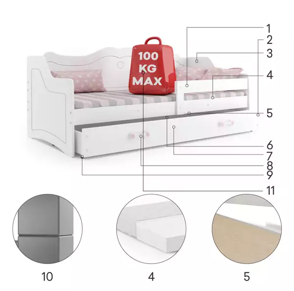 Części składowe produktu Enkel barnsäng Julia 80X160 med låda, vit Części składowe produktu Enkel barnsäng Julia 80X160 med låda, vit-2
