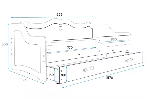 Wymiary i specyfikacja dla Enkel barnsäng Julia 80X160 med låda, vit | Interbeds Wymiary i specyfikacja dla Enkel barnsäng Julia 80X160 med låda, vit-2