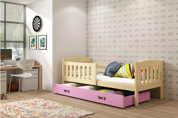 Visualisering av Enkel barnsäng KUBUŚ 80x160 med låda, furu/rosa Visualisering av Enkel barnsäng KUBUŚ 80x160 med låda, furu/rosa