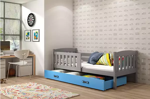 Visualisering av Enkel barnsäng KUBUŚ 80X160 med madrass och låda, grafit/blå Visualisering av Enkel barnsäng KUBUŚ 80X160 med madrass och låda, grafit/blå