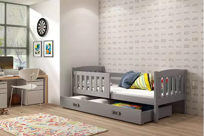 Visualisering av Enkel barnsäng KUBUŚ 80X160 med madrass och låda, grafit