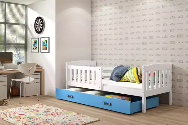 Visualisering av Enkel barnsäng KUBUŚ 80X160 med madrass och låda, vit/blå Visualisering av Enkel barnsäng KUBUŚ 80X160 med madrass och låda, vit/blå