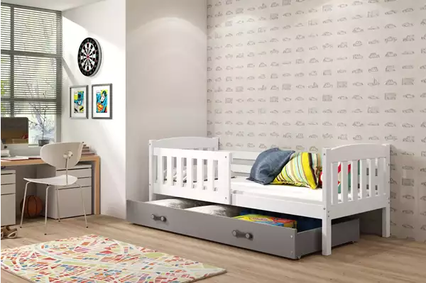 Visualisering av Enkel barnsäng KUBUŚ 80x160 med madrass och låda, vit/grafit Visualisering av Enkel barnsäng KUBUŚ 80x160 med madrass och låda, vit/grafit