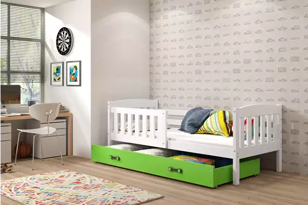 Visualisering av Enkel barnsäng KUBUŚ 80X160 med madrass och låda, vit/grön Visualisering av Enkel barnsäng KUBUŚ 80X160 med madrass och låda, vit/grön