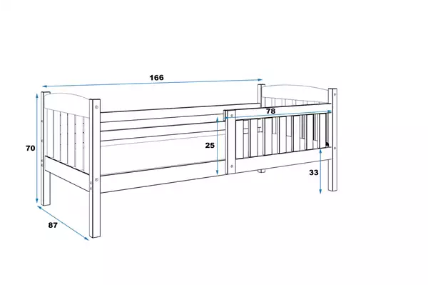 Storlek på Enkel barnsäng KUBUŚ 80X160 med madrass, vit Storlek på Enkel barnsäng KUBUŚ 80X160 med madrass, vit