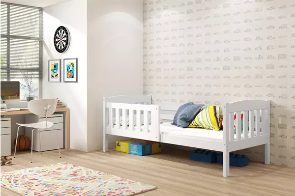 Visualisering av Enkel barnsäng KUBUŚ 80X160 med madrass, vit Visualisering av Enkel barnsäng KUBUŚ 80X160 med madrass, vit