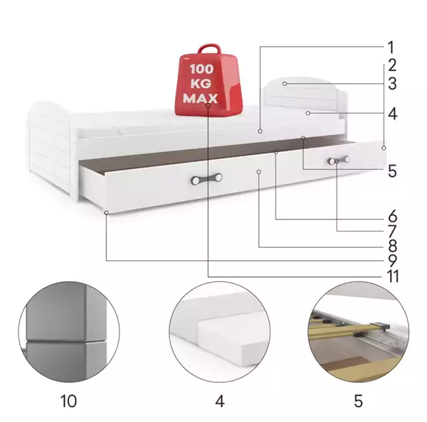 Beståndsdelar för Enkel barnsäng LILI 90x200 med madrass och låda, grafit/vit