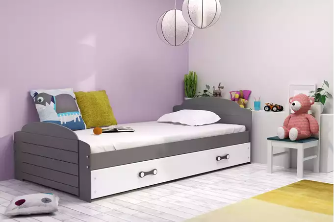 Visualisering av Enkel barnsäng LILI 90x200 med madrass och låda, grafit/vit