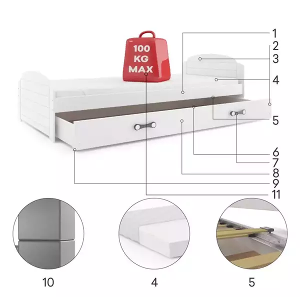 Beståndsdelar för Enkel barnsäng LILI 90X200 med madrass och låda, vit
