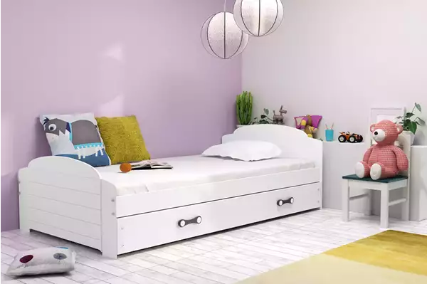 Visualisering av Enkel barnsäng LILI 90X200 med madrass och låda, vit