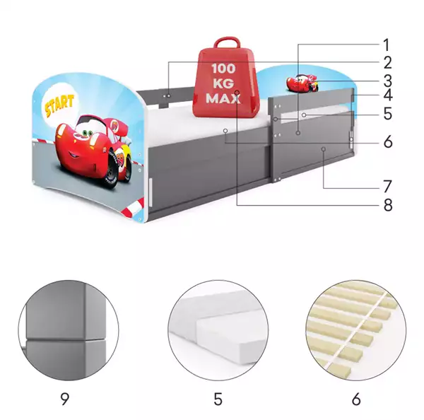 Beståndsdelar för Enkel barnsäng LUKI 1 80x160 med förvaring, Bil, grafit Beståndsdelar för Enkel barnsäng LUKI 1 80x160 med förvaring, Bil, grafit
