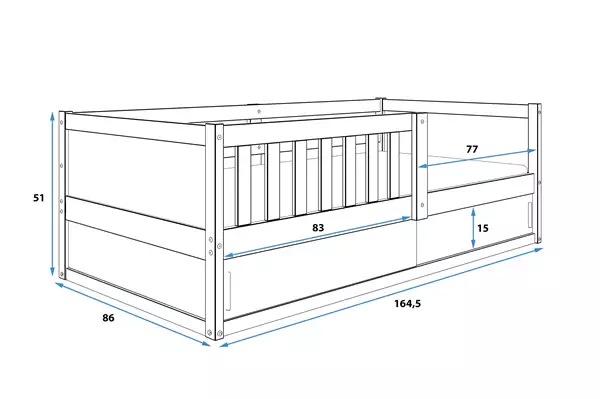 Enkel barnsäng SMART 2 80x160 med madrass och förvaring, furu | Interbeds Rozmiar