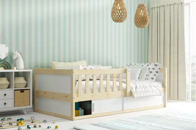 Enkel barnsäng SMART 2 80x160 med madrass och förvaring, furu | Interbeds Wizualizacja