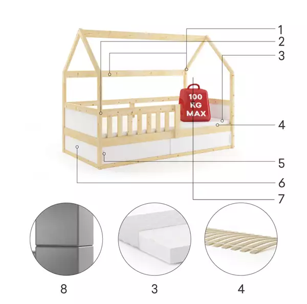 Enkel barnsäng SMART 2 STUGA 80x160 med madrass och förvaring, naturträ| Interbeds Czesci Skladowe Enkel barnsäng SMART 2 STUGA 80x160 med madrass och förvaring, naturträ| Interbeds Czesci Skladowe