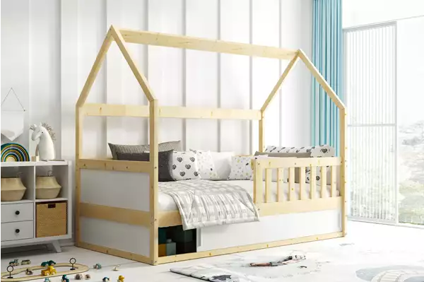 Enkel barnsäng SMART 2 STUGA 80x160 med madrass och förvaring, naturträ| Interbeds Wizualizacja Enkel barnsäng SMART 2 STUGA 80x160 med madrass och förvaring, naturträ| Interbeds Wizualizacja