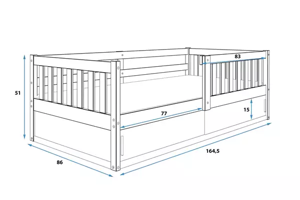 Storlek på Enkel barnsäng SMART 80x160 med madrass och förvaring, furu