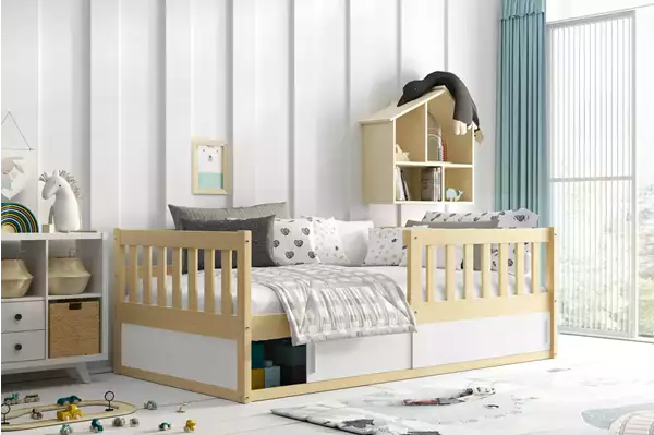 Visualisering av Enkel barnsäng SMART 80x160 med madrass och förvaring, furu