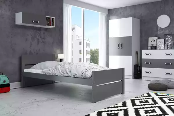 Visualisering av Enkel juniorsäng BARTEK 90X200 med madrass, grafit Visualisering av Enkel juniorsäng BARTEK 90X200 med madrass, grafit