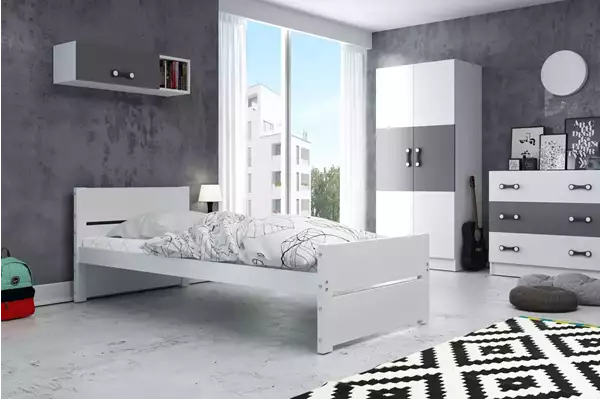 Visualisering av Enkel juniorsäng BARTEK 90X200 med madrass, vit