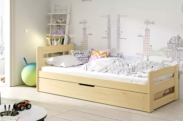 Visualisering av Enkel juniorsäng ERNI 90X200 med förvaring, furu