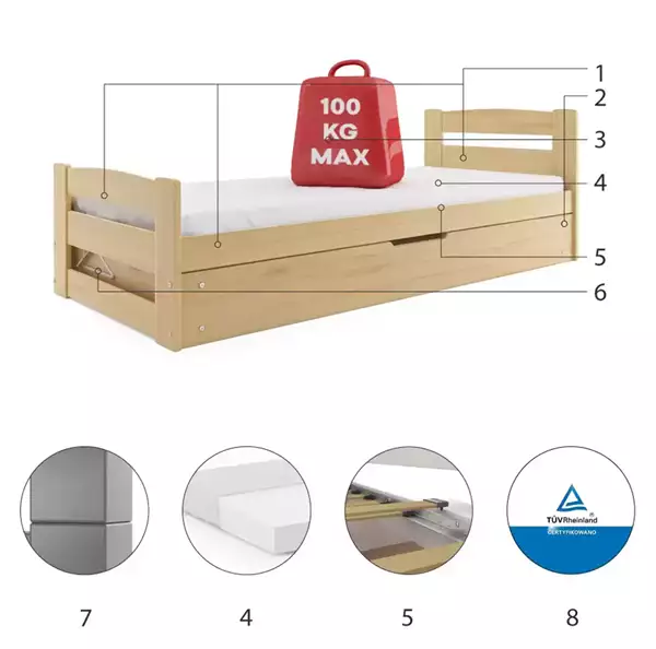 Beståndsdelar för Enkel juniorsäng ERNI 90X200 med madrass och förvaringslåda, furu Beståndsdelar för Enkel juniorsäng ERNI 90X200 med madrass och förvaringslåda, furu