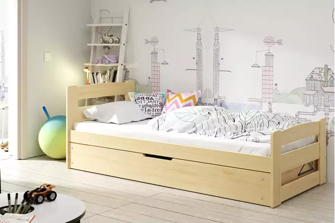 Visualisering av Enkel juniorsäng ERNI 90X200 med madrass och förvaringslåda, furu