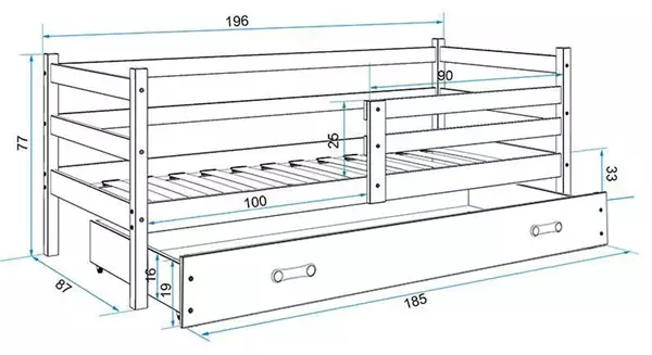 Storlek på Enkel juniorsäng ERYK 80X190 med låda, furu/blå