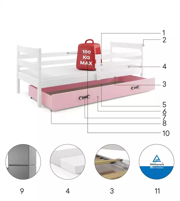 Beståndsdelar för Enkel juniorsäng ERYK 80X190 med låda, vit/rosa