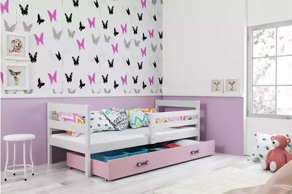 Visualisering av Enkel juniorsäng ERYK 80X190 med låda, vit/rosa