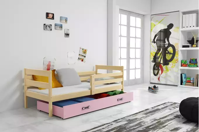 Visualisering av Enkel Juniorsäng ERYK 80X190 med madrass och låda, furu/rosa
