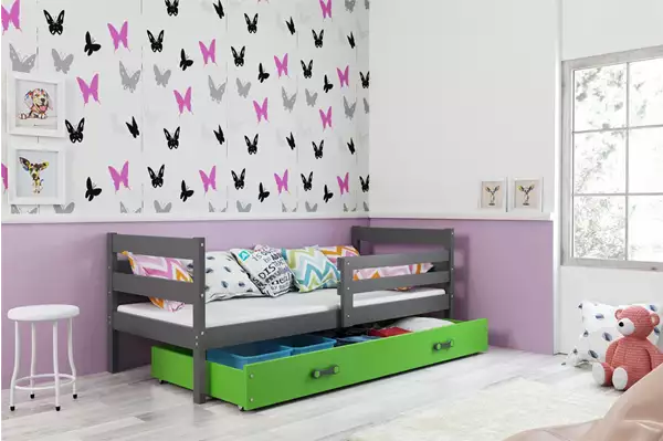 Visualisering av Enkel juniorsäng ERYK 90X190 med madrass och låda, grafit/grön Visualisering av Enkel juniorsäng ERYK 90X190 med madrass och låda, grafit/grön