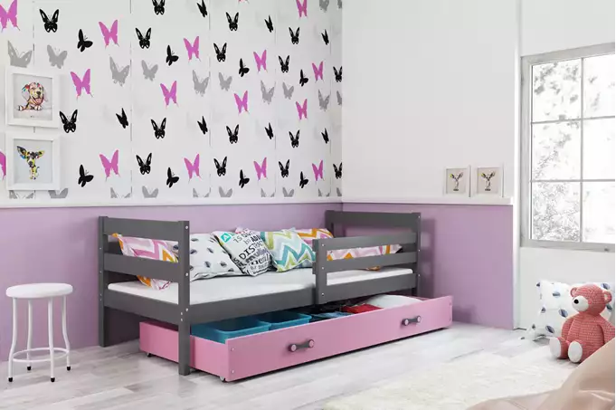 Visualisering av Enkel juniorsäng ERYK 90X200 med låda, grafit/rosa