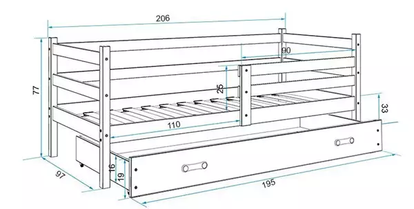 Storlek på Enkel juniorsäng ERYK 90X200 med låda, vit