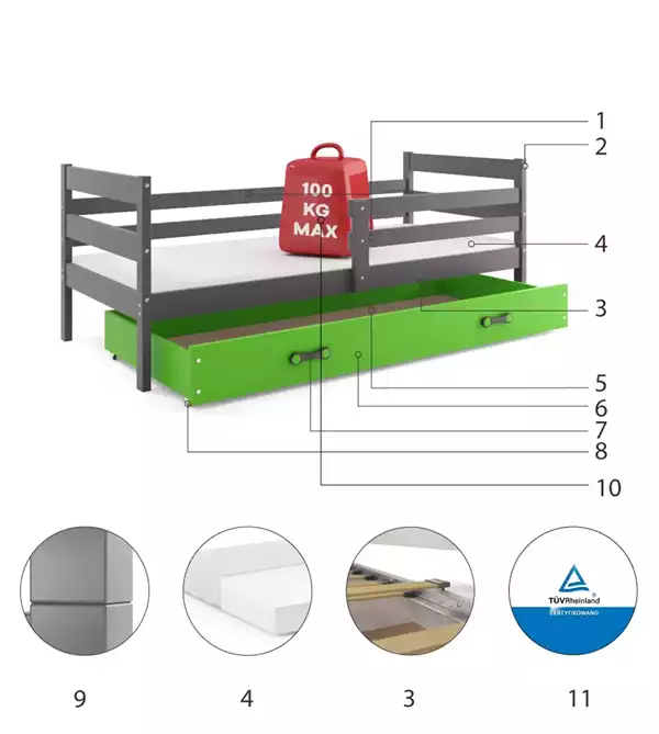 Beståndsdelar för Enkel juniorsäng ERYK 90X200 med madrass och låda, grafit/grön Beståndsdelar för Enkel juniorsäng ERYK 90X200 med madrass och låda, grafit/grön