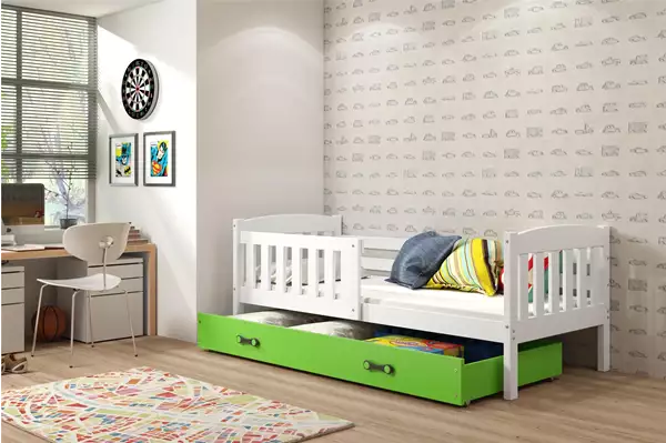 Visualisering av Enkel juniorsäng KUBUŚ 80X190 med låda, vit/grön