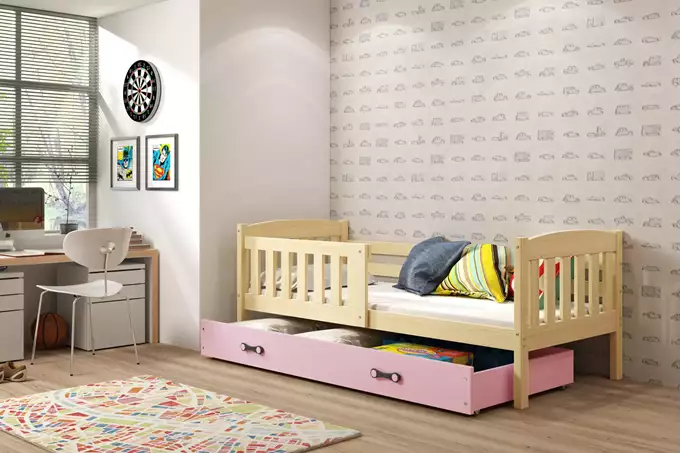 Visualisering av Enkel juniorsäng KUBUŚ 80X190 med madrass och låda, furu/rosa