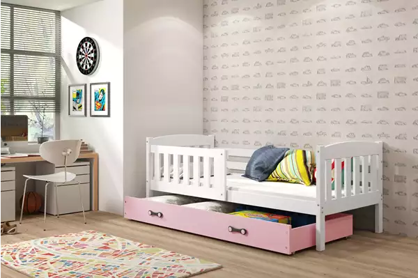 Visualisering av Enkel juniorsäng KUBUŚ 80X190 med madrass och låda, vit/rosa Visualisering av Enkel juniorsäng KUBUŚ 80X190 med madrass och låda, vit/rosa