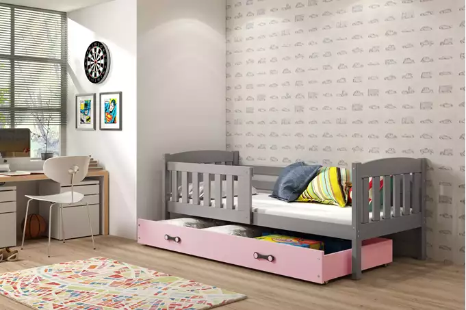 Visualisering av Enkel juniorsäng KUBUŚ 90X190 med låda, grafit/rosa