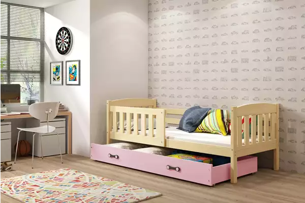 Visualisering av Enkel juniorsäng KUBUŚ 90x190 med madrass och låda, furu/rosa Visualisering av Enkel juniorsäng KUBUŚ 90x190 med madrass och låda, furu/rosa